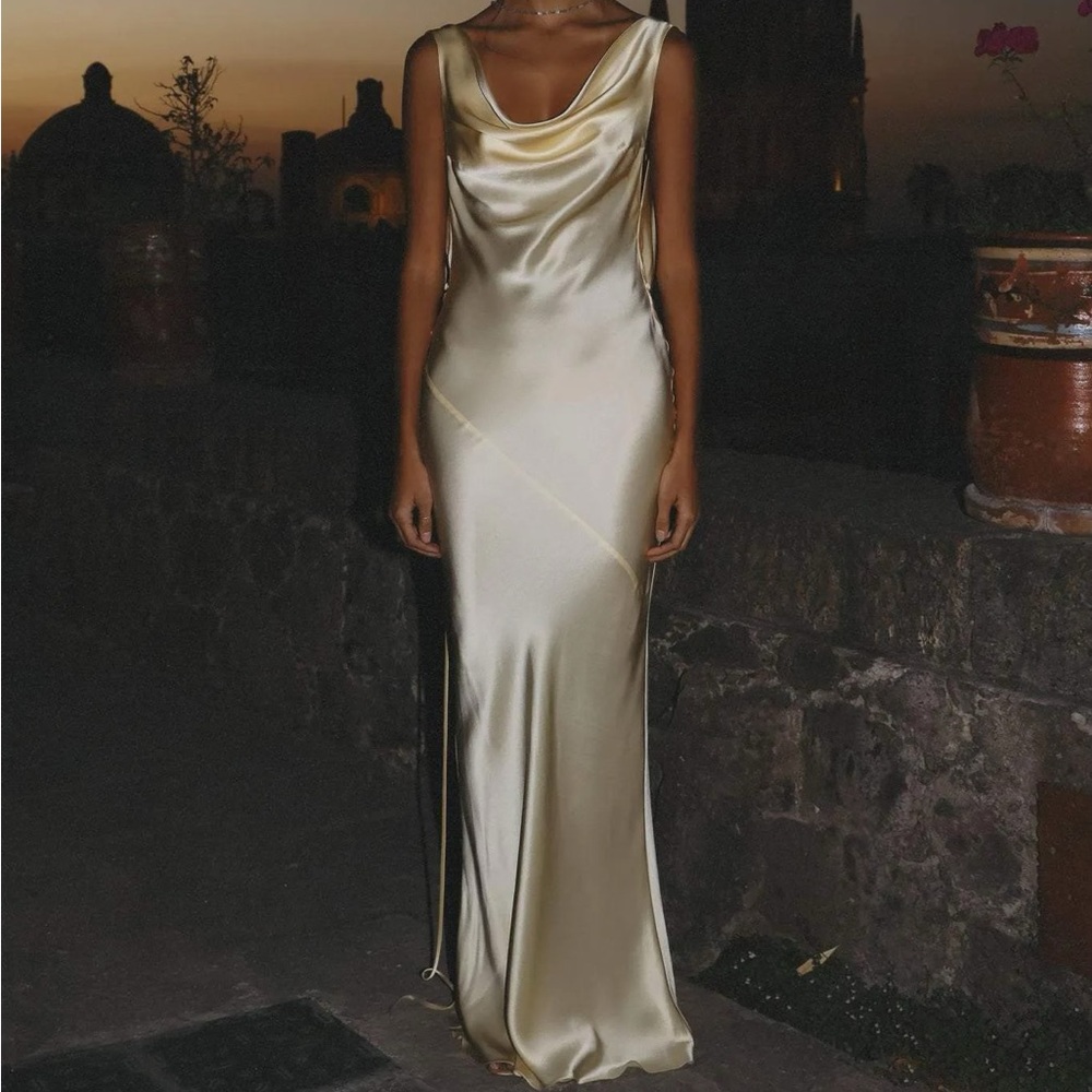 Cowlneck Backless Satin Maxi Dress